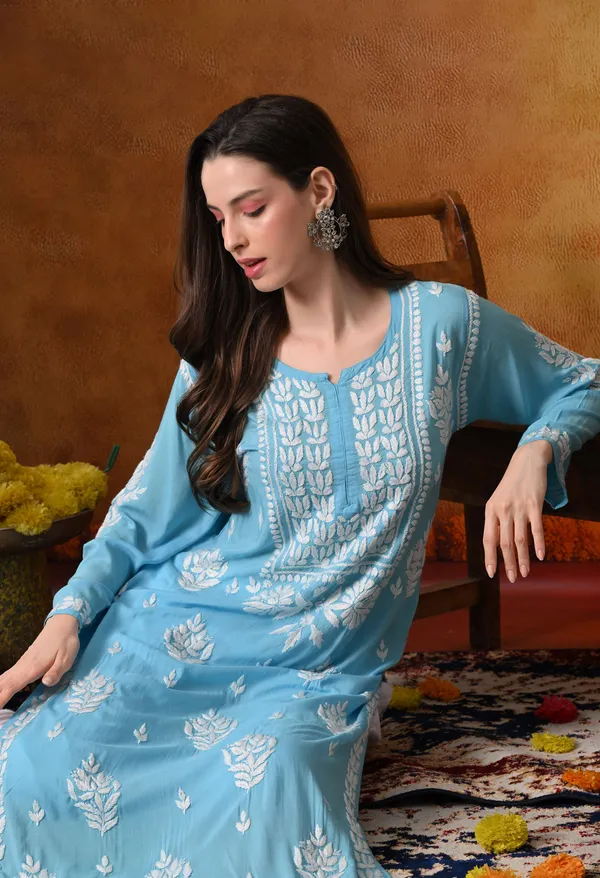 Aqua_Blue_Handcrafted_Modal_Chikankari_Straight_Kurta