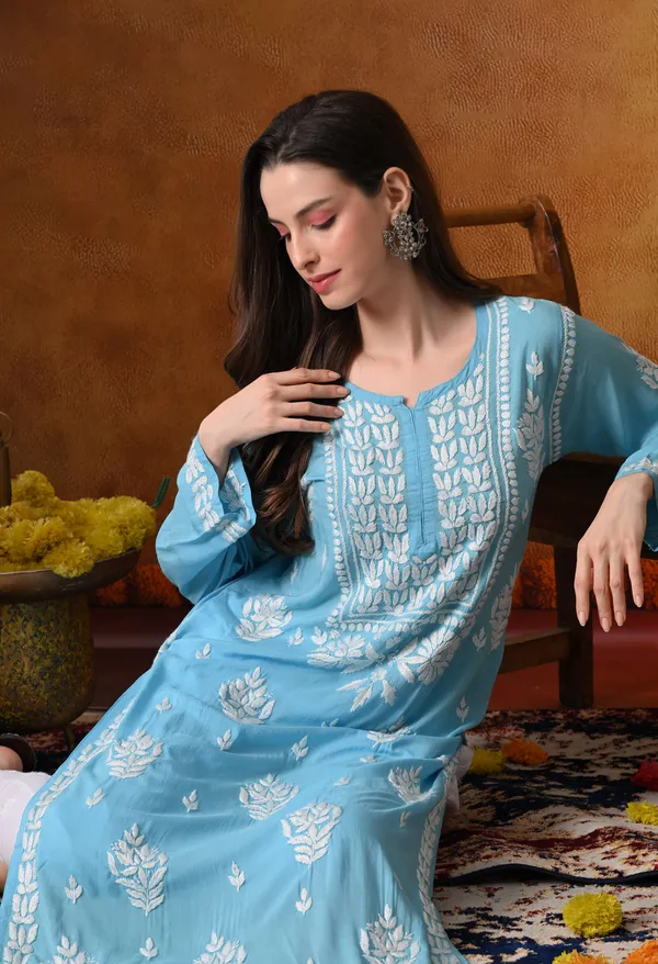 Aqua_Blue_Handcrafted_Modal_Chikankari_Straight_Kurta