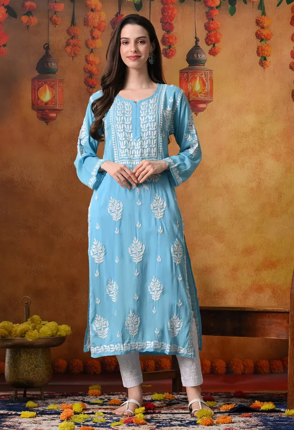 Aqua_Blue_Handcrafted_Modal_Chikankari_Straight_Kurta