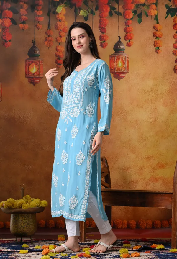 Aqua_Blue_Handcrafted_Modal_Chikankari_Straight_Kurta