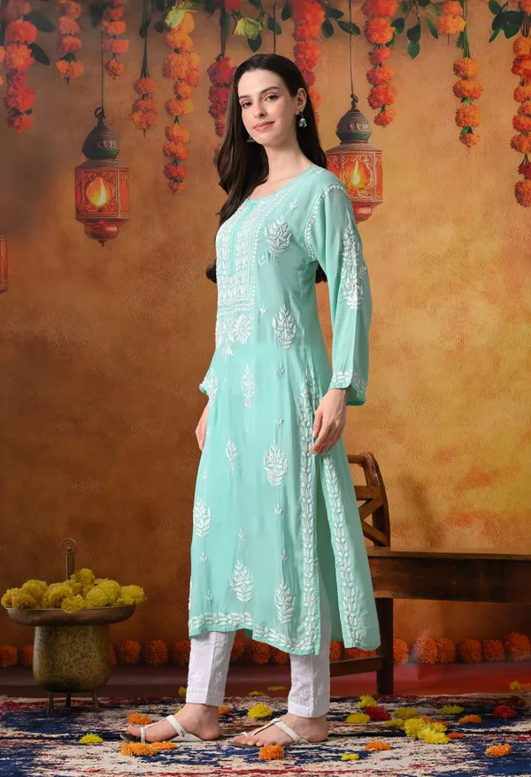 Bottle_Green_Handcrafted_Modal_Chikankari_Straight_Kurta