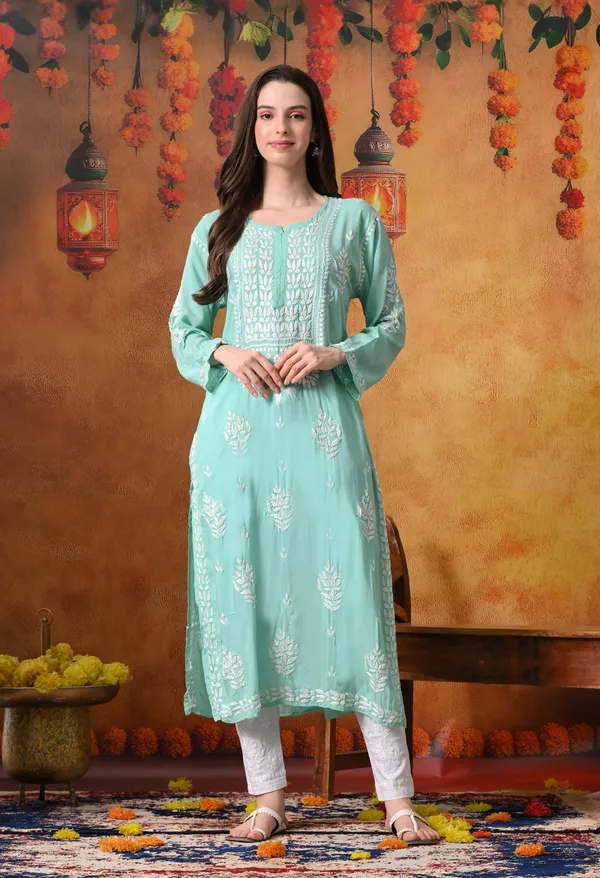 Bottle_Green_Handcrafted_Modal_Chikankari_Straight_Kurta