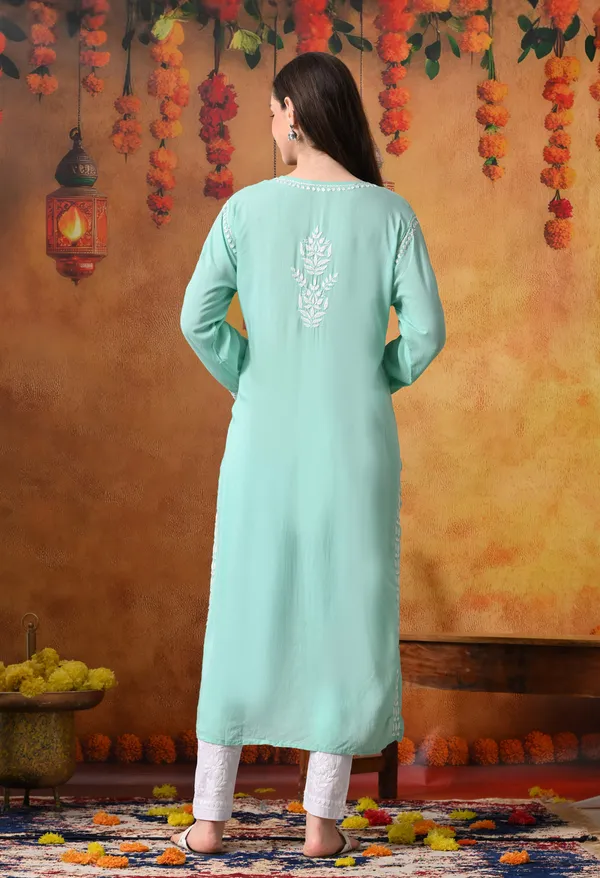 Bottle_Green_Handcrafted_Modal_Chikankari_Straight_Kurta