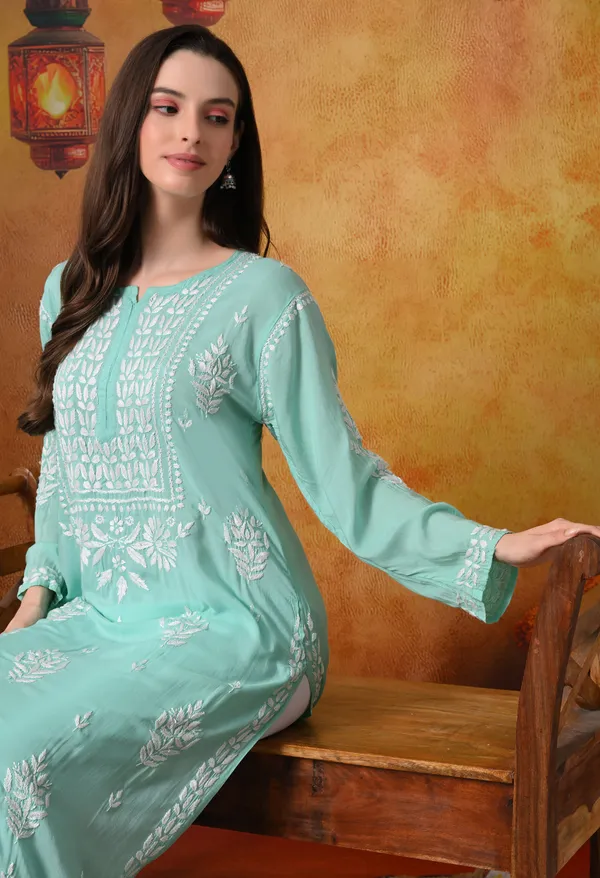 Bottle_Green_Handcrafted_Modal_Chikankari_Straight_Kurta