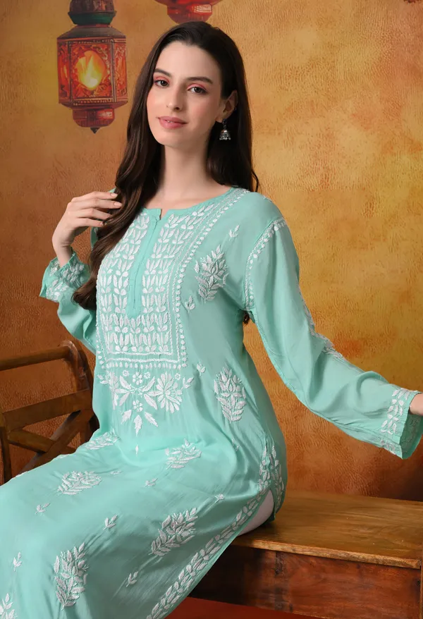 Bottle_Green_Handcrafted_Modal_Chikankari_Straight_Kurta