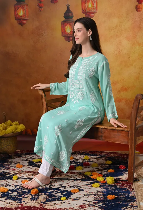 Bottle_Green_Handcrafted_Modal_Chikankari_Straight_Kurta