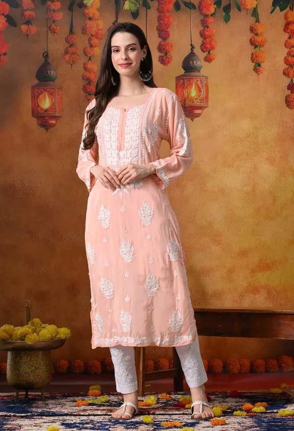 Peach_Handcrafted_Modal_Chikankari_Straight_Kurta