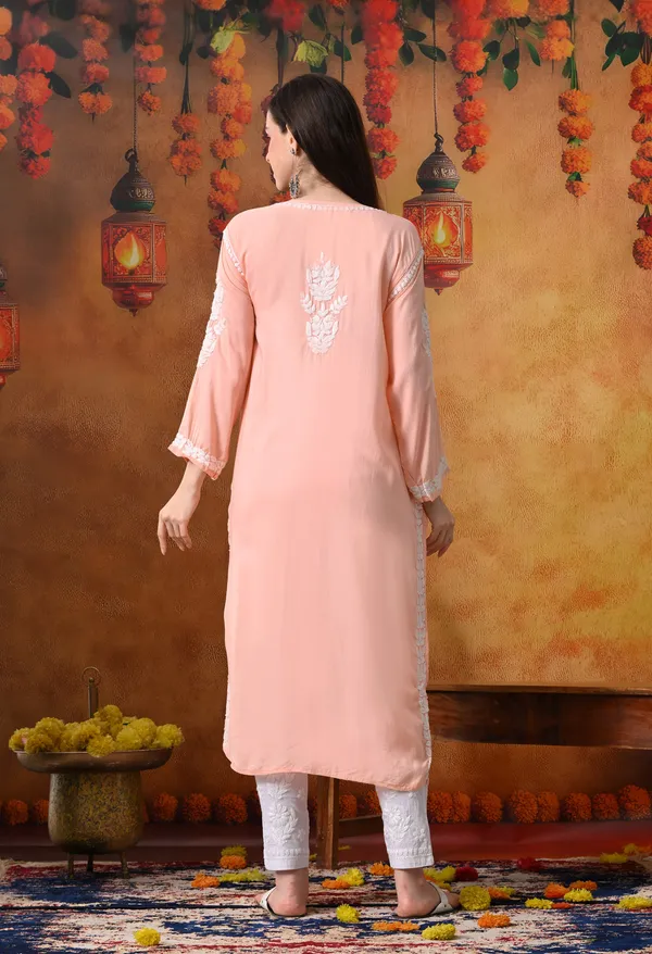 Peach_Handcrafted_Modal_Chikankari_Straight_Kurta