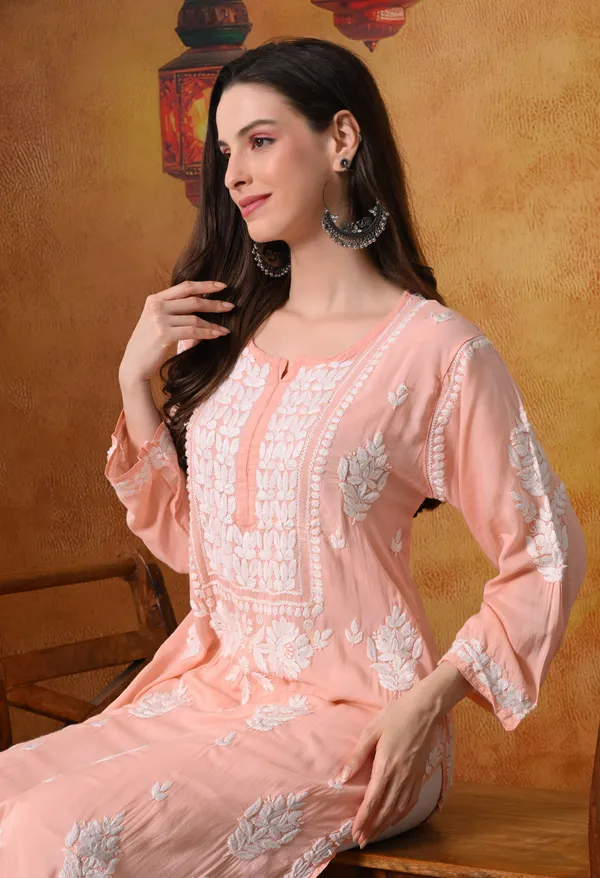 Peach_Handcrafted_Modal_Chikankari_Straight_Kurta