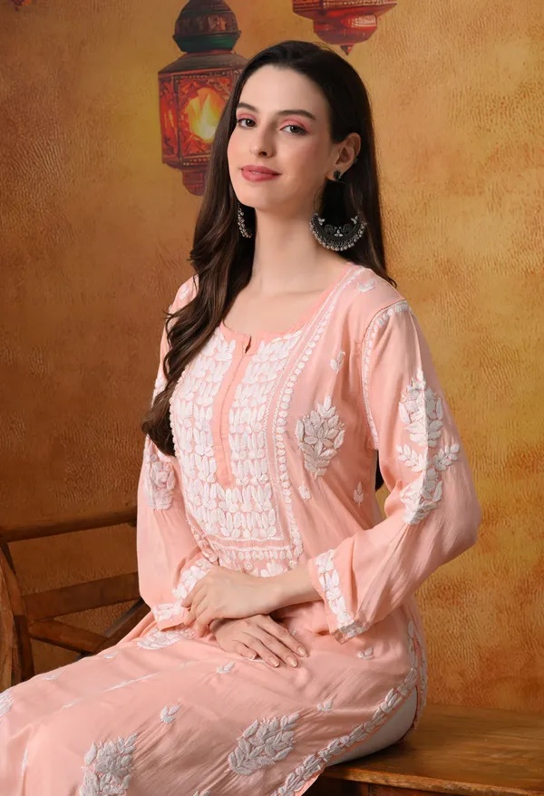 Peach_Handcrafted_Modal_Chikankari_Straight_Kurta
