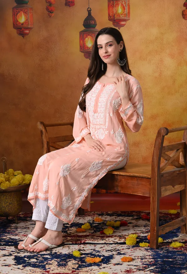 Peach_Handcrafted_Modal_Chikankari_Straight_Kurta
