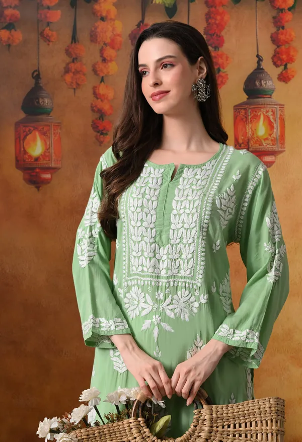 Pista_Green_Handcrafted_Modal_Chikankari_Straight_Kurta