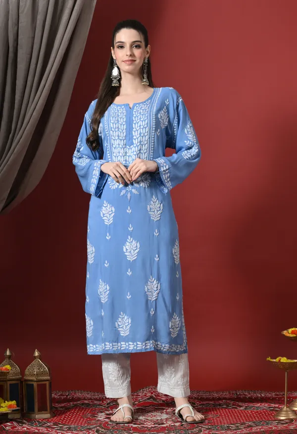 Blue_Handcrafted_Modal_Chikankari_Straight_Kurta