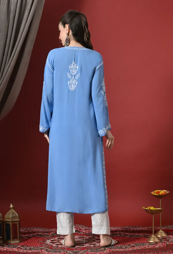 Blue_Handcrafted_Modal_Chikankari_Straight_Kurta