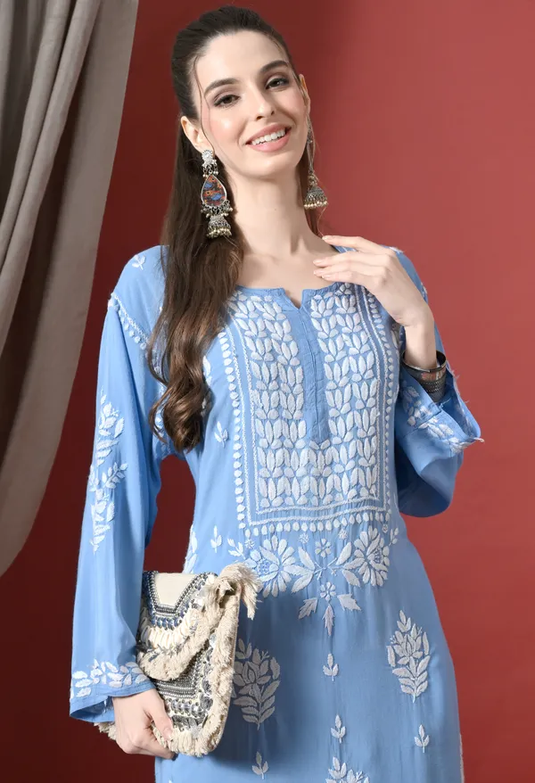 Blue_Handcrafted_Modal_Chikankari_Straight_Kurta