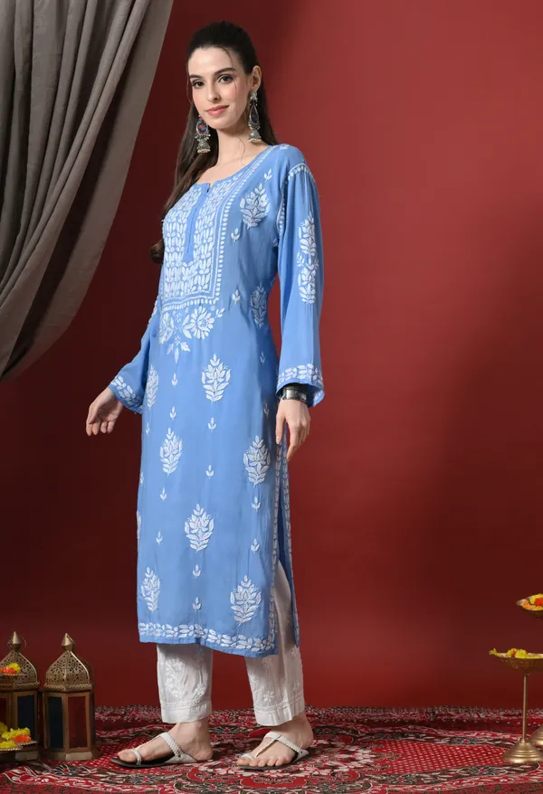 Blue_Handcrafted_Modal_Chikankari_Straight_Kurta
