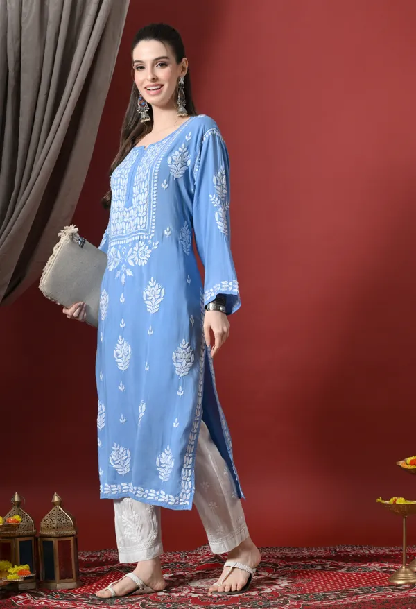 Blue_Handcrafted_Modal_Chikankari_Straight_Kurta