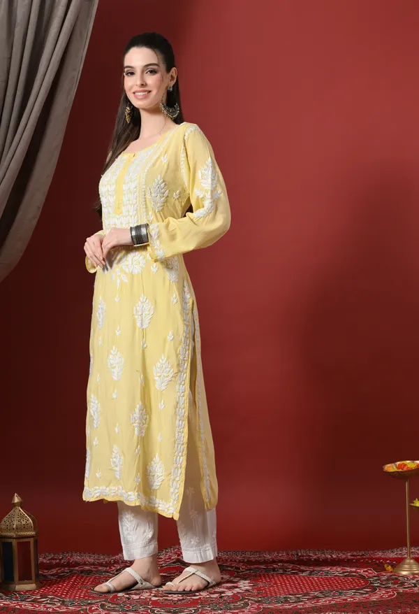 Yellow_Handcrafted_Modal_Chikankari_Straight_Kurta