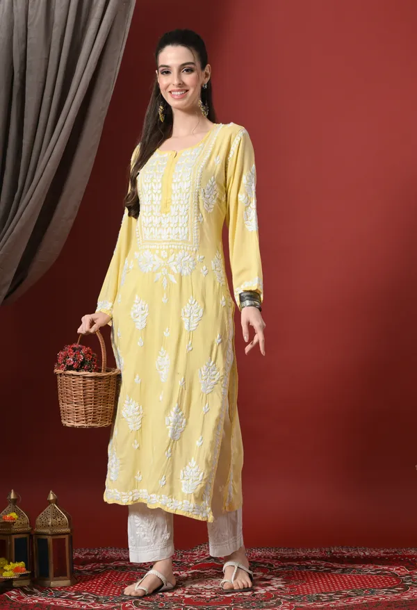 Yellow_Handcrafted_Modal_Chikankari_Straight_Kurta