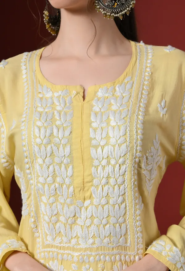 Yellow_Handcrafted_Modal_Chikankari_Straight_Kurta