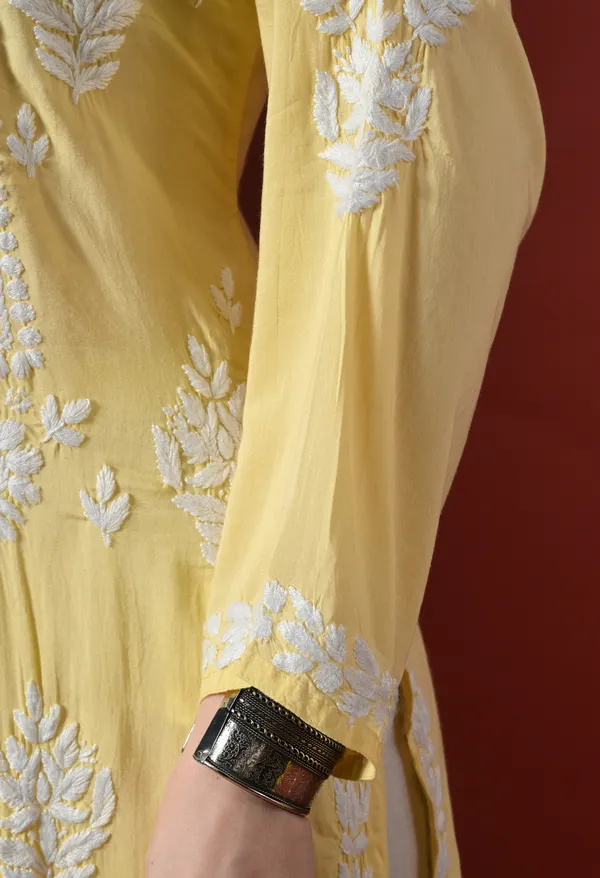 Yellow_Handcrafted_Modal_Chikankari_Straight_Kurta