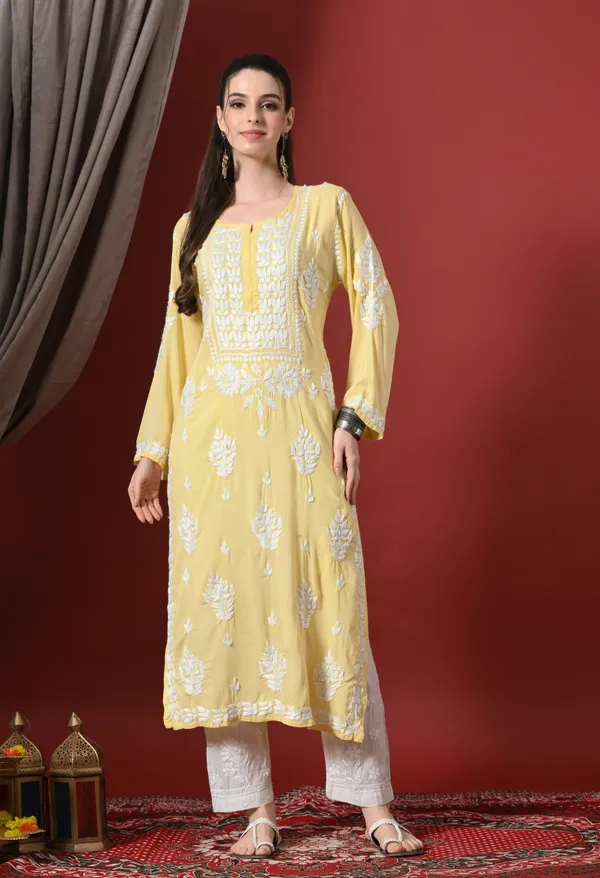 Yellow_Handcrafted_Modal_Chikankari_Straight_Kurta