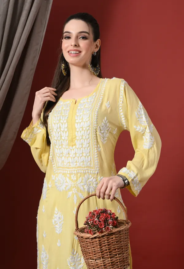 Yellow_Handcrafted_Modal_Chikankari_Straight_Kurta