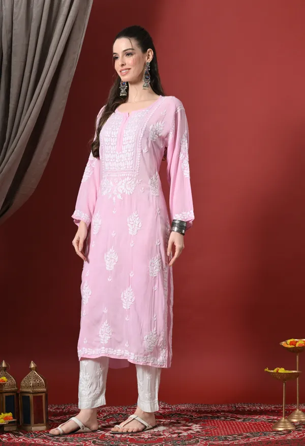 Pink_Handcrafted_Modal_Chikankari_Straight_Kurta