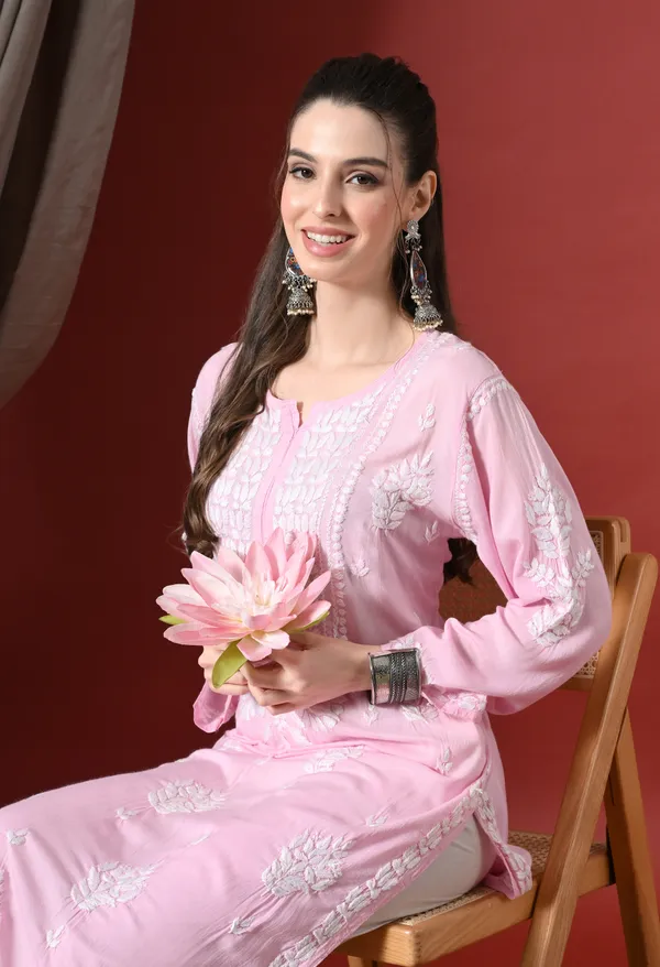 Pink_Handcrafted_Modal_Chikankari_Straight_Kurta