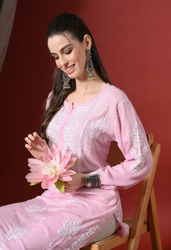 Pink_Handcrafted_Modal_Chikankari_Straight_Kurta