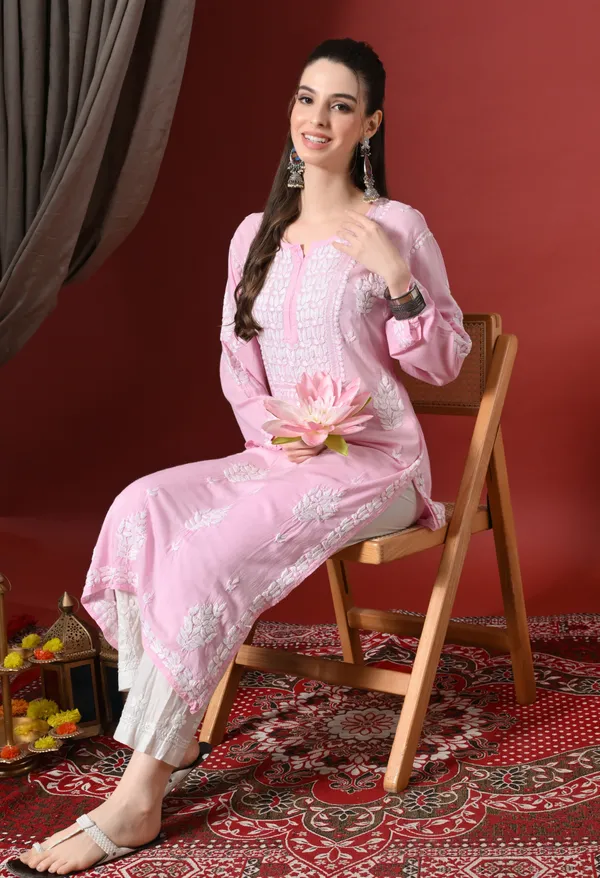 Pink_Handcrafted_Modal_Chikankari_Straight_Kurta