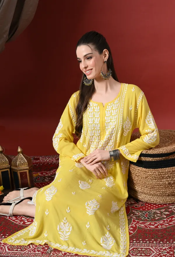 Dark_Yellow_Handcrafted_Modal_Chikankari_Straight_Kurta