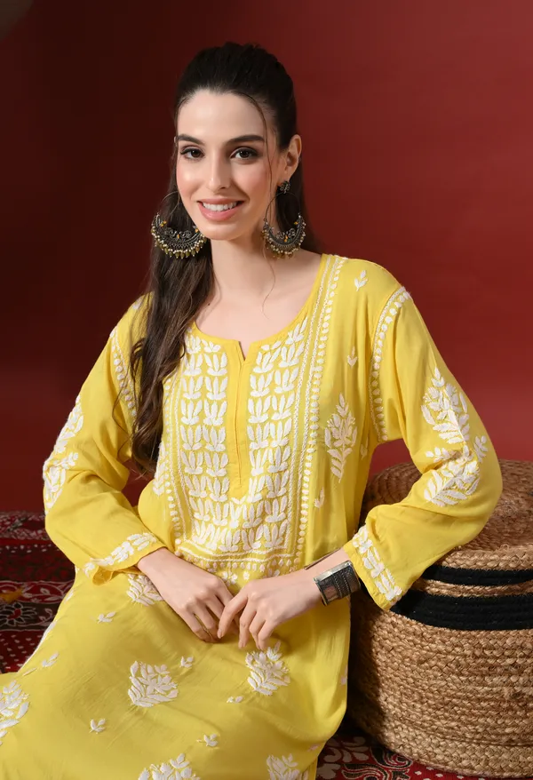 Dark_Yellow_Handcrafted_Modal_Chikankari_Straight_Kurta