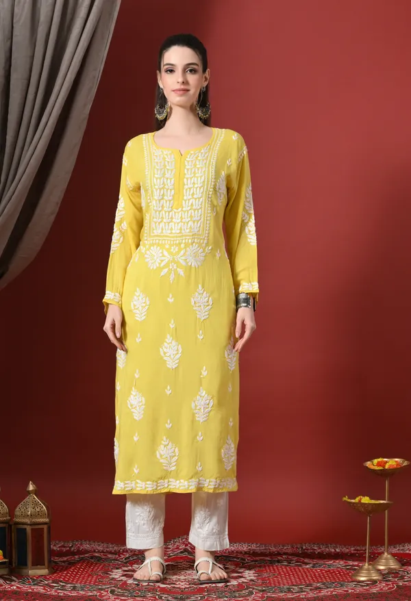 Dark_Yellow_Handcrafted_Modal_Chikankari_Straight_Kurta