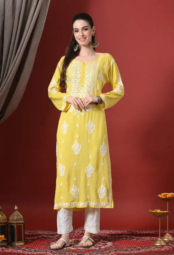 Dark_Yellow_Handcrafted_Modal_Chikankari_Straight_Kurta
