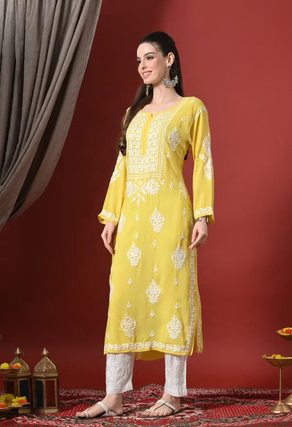 Dark_Yellow_Handcrafted_Modal_Chikankari_Straight_Kurta