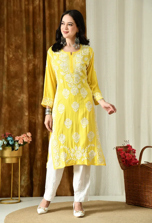 Sunshine_Yellow_Modal_Hand-Embroidered_Chikankari_Kurta_with_Elegant_White_Floral_Design