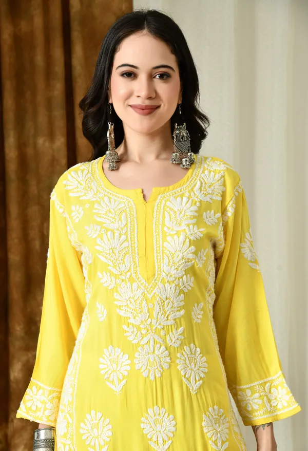 Sunshine_Yellow_Modal_Hand-Embroidered_Chikankari_Kurta_with_Elegant_White_Floral_Design