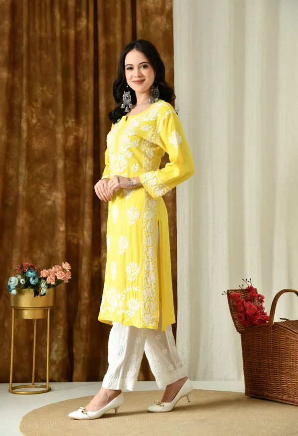 Sunshine_Yellow_Modal_Hand-Embroidered_Chikankari_Kurta_with_Elegant_White_Floral_Design