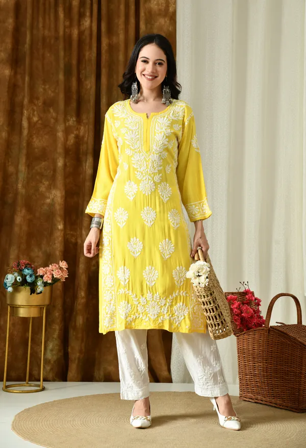 Sunshine_Yellow_Modal_Hand-Embroidered_Chikankari_Kurta_with_Elegant_White_Floral_Design