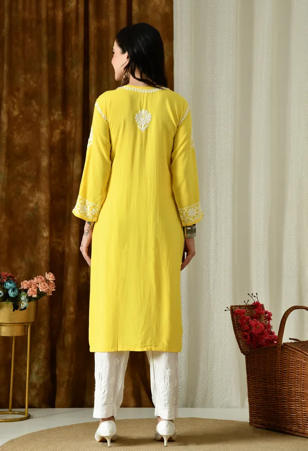 Sunshine_Yellow_Modal_Hand-Embroidered_Chikankari_Kurta_with_Elegant_White_Floral_Design