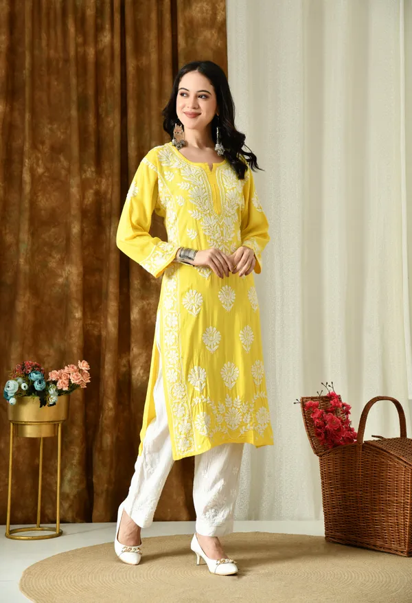 Sunshine_Yellow_Modal_Hand-Embroidered_Chikankari_Kurta_with_Elegant_White_Floral_Design