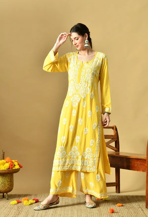 Hand_Embroidered_Chikankari_Soft_Rayon_Plazo_Set_-_Yellow