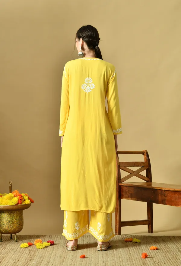 Hand_Embroidered_Chikankari_Soft_Rayon_Plazo_Set_-_Yellow
