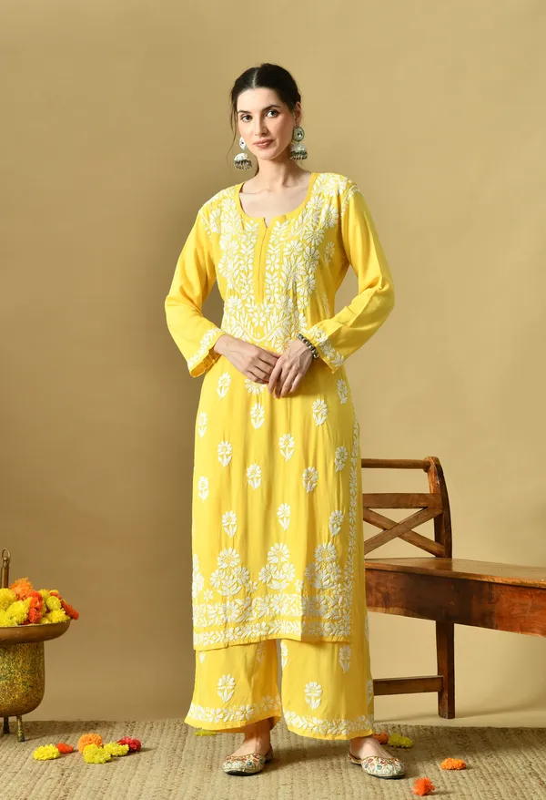 Hand_Embroidered_Chikankari_Soft_Rayon_Plazo_Set_-_Yellow