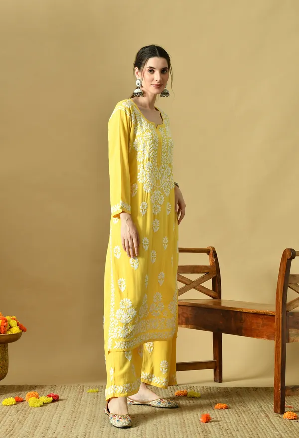 Hand_Embroidered_Chikankari_Soft_Rayon_Plazo_Set_-_Yellow