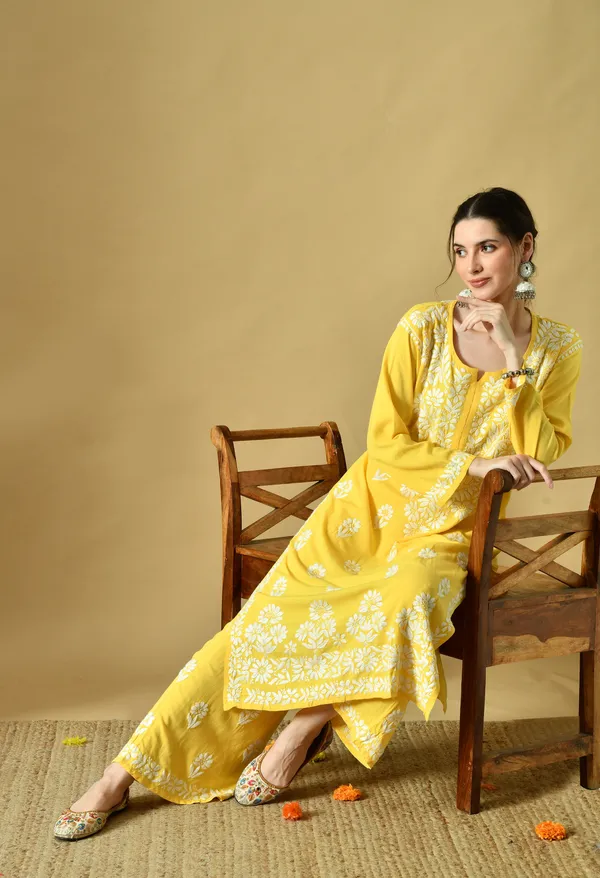 Hand_Embroidered_Chikankari_Soft_Rayon_Plazo_Set_-_Yellow