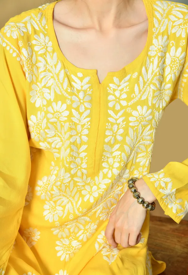 Hand_Embroidered_Chikankari_Soft_Rayon_Plazo_Set_-_Yellow
