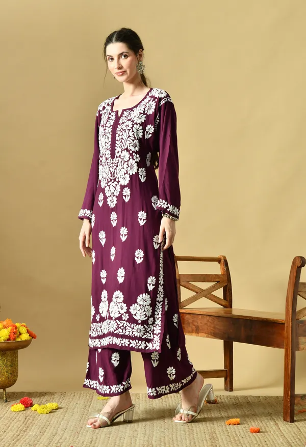 Hand_Embroidered_Chikankari_Soft_Rayon_Plazo_Set_-_Wine