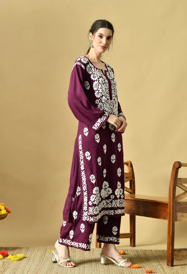 Hand_Embroidered_Chikankari_Soft_Rayon_Plazo_Set_-_Wine